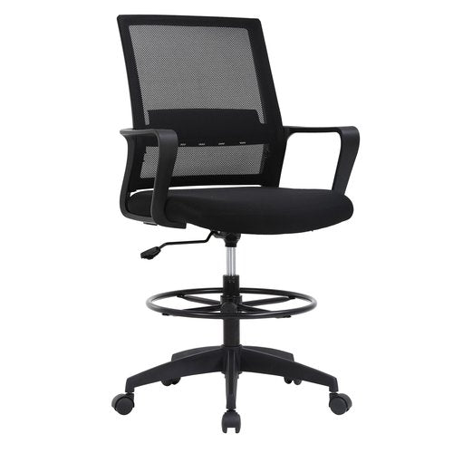 Drafting Chair Tall Office Chair Adjustable Swivel Rolling Mesh Height with Lumbar Support Arms Footrest Mid Back for Adults Standing Desk Drafting Stool (Black)