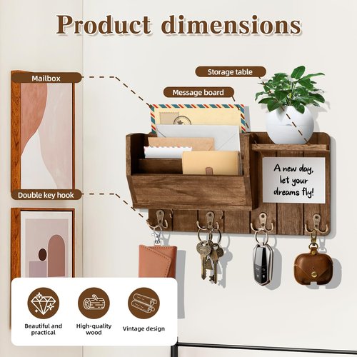 Wall Mounted Mail With message board and Holder Holder Wooden Key, With 4 Double Hook And a storage board, Key holder for wall, Country retro home decor, For living room and foyer storage（Wood brown）
