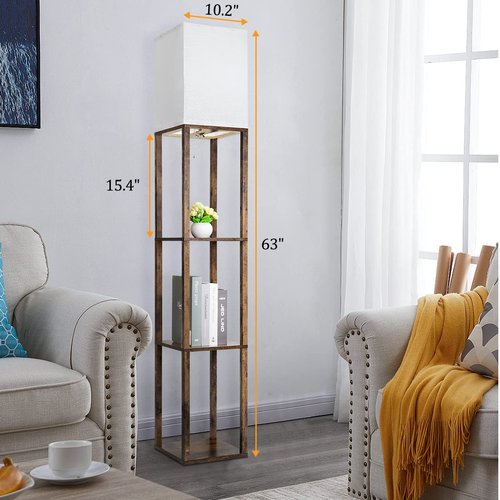 Dott Arts Floor Lamp with Shelves, 3 Color Temperature LED Bulb, Wood Texture, Storage, Brown