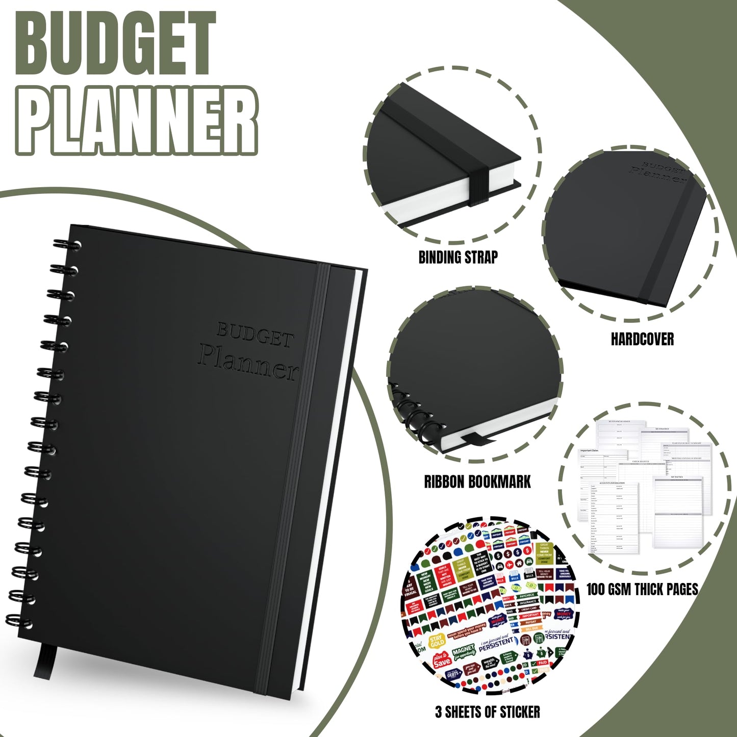 Budget Planner and Monthly Bill Organizer - Financial Planner Budget Book with Sticker Sheets - 12 Month Undated Bill Tracker Notebook with Debt, Saving and Expense Trackers - A5 (Black)
