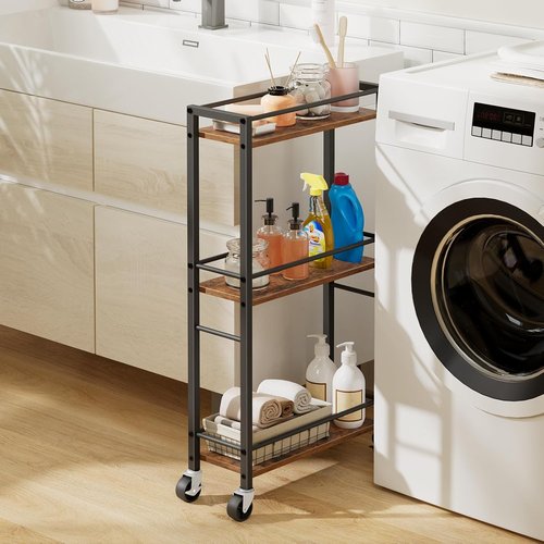 MAHANCRIS Slim Rolling Cart - Mobile Kitchen Cart on Wheels | Narrow Storage Solution in Rustic Brown