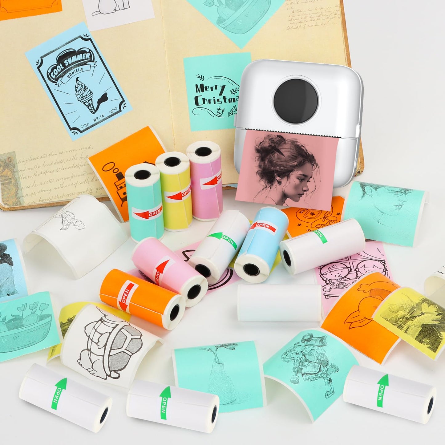 HuiJuKeJi 12 Rolls Mini Printer Sticker Paper,Thermal Self-adhesive paper 57 * 25mm,6 Rolls of White &6 Rolls of Colour Paper for Pocket Inkless Portable Bluetooth Printer to Print Photo,Note