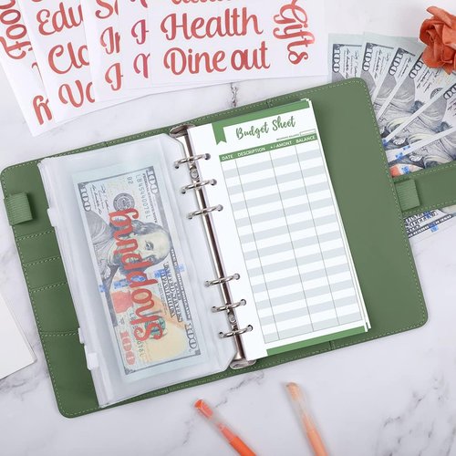 SKYDUE Budget Binder with 8pcs Zipper Envelopes,Money Organizer for Cash with 12pcs Expense Sheets & 24 Rose Gold Sticky Labels