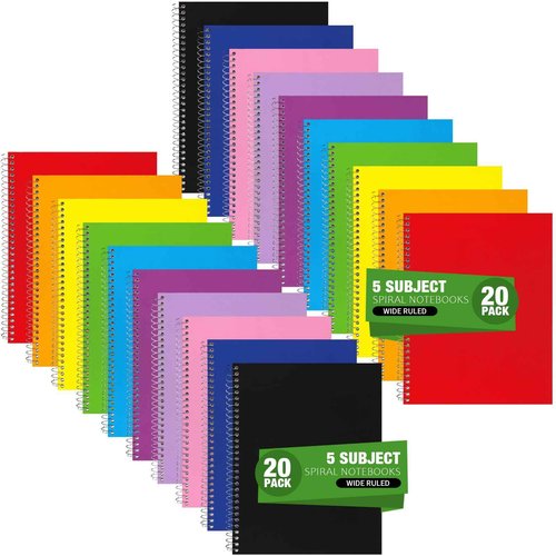 Fulmoon 20 Pcs 5 Subject Notebook Spiral Notebooks for School Office Hardcover Spiral Lined Notebook for Work, 240 Pages/ 120 Sheets, 8 x 10-1/2", 3 Hole Punched, 4 Removable Dividers(Wide Ruled)