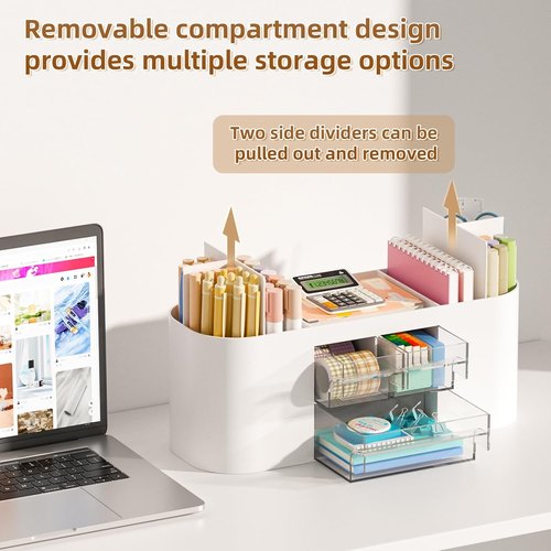 Marbrasse Desk Organizer - Multi-Functional Pen Holder with 3 Drawers & 7 Compartments | White