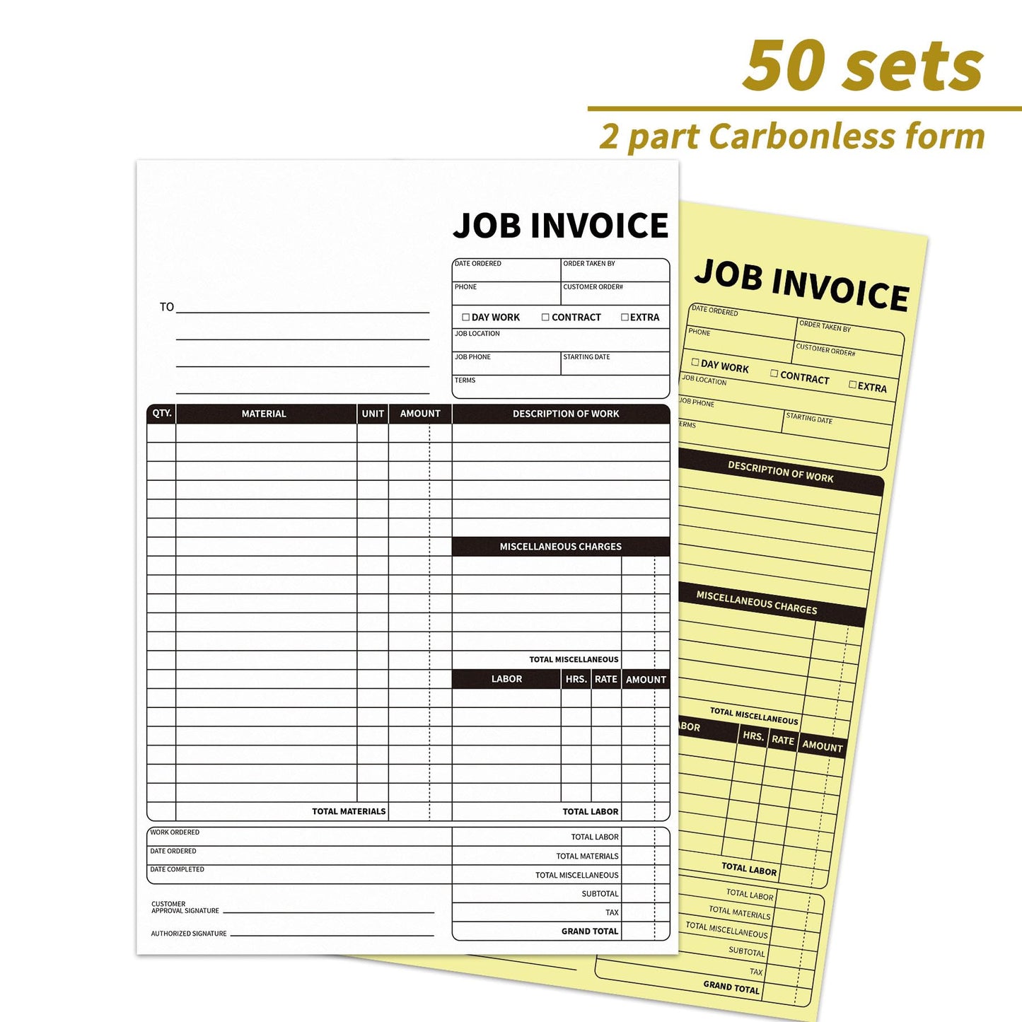 IMXYO Carbonless Work Order Forms,7.5 x 11 inches Invoices for Small Business,Sales Order Book with Backing Board, 2-Part Receipt with Carbon Copy, 50 Sets