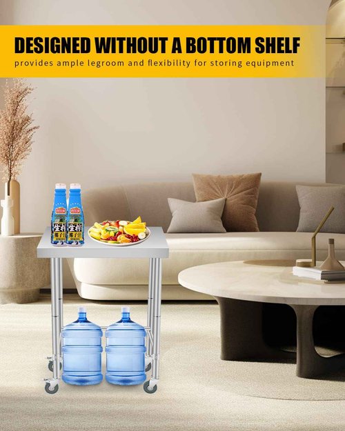 16"x24" Stainless Steel Table, 300LBS Open Base Table, NSF Commercial Metal Prep Table with Lockable Wheels, Single Tier Utility Workbench for Kitchen Garage Workshop Laundry, Heavy Duty