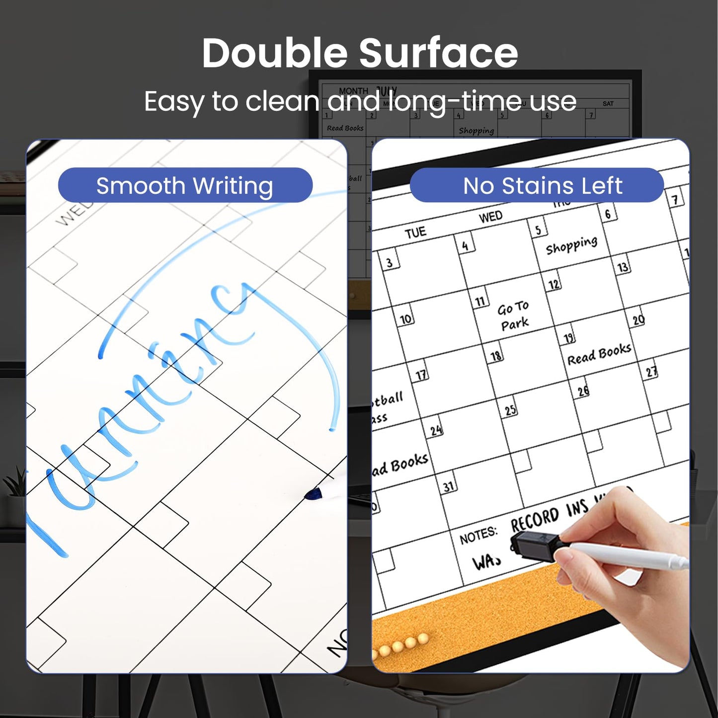 Monthly Calendar Whiteboard for Wall, 17 x 13 Inches Dry Erase Board Cork Board Combo with Wood Framed, Hanging Magnetic White Board with Markers Magnets Push Pins Eraser for Office Kitchen Home Memo