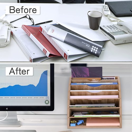 WuGeShop Fan Shaped File Organizer, 7 Tier Desk Paper Organizer File Holder, Desktop Large File Sorter with Adjustable Compartments for Home Office School Classroom