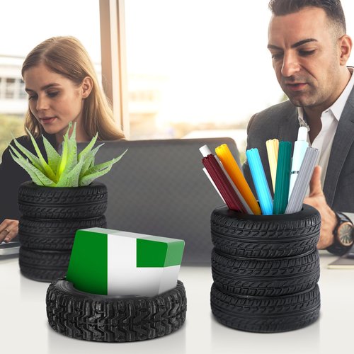 Humyoun 3 Pcs Tire Shaped Planter Pen Holder and Tire Business Card Holder Set Pencil Succulent Cactus Planter Pot for Desk Home Office Accessories Organizer