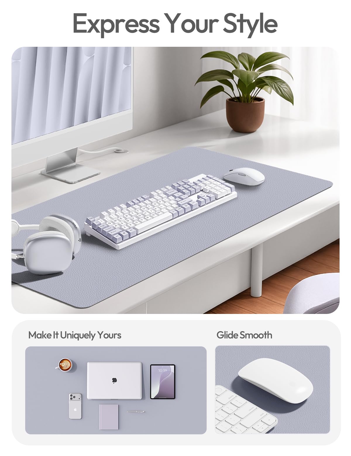 YSAGi Leather Desk Pad Protector, Office Desk Mat, Large Mouse Pad, Non-Slip PU Leather Desk Blotter, Laptop Desk Pad, Waterproof Desk Writing Pad for Office and Home (Soft Lavender, 31.5" x 15.8")
