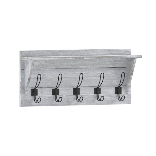 Flash Furniture Daly Wall Mounted Storage Rack - Whitewashed Solid Pine Wood - 24 Inch - Upper Shelf and 5 Hooks - For Entryway, Kitchen, Bathroom