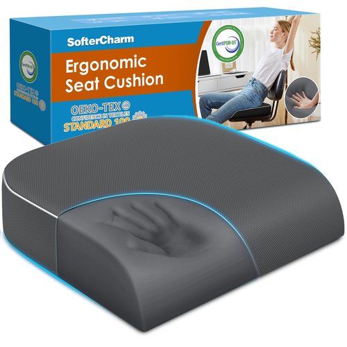 SofterCharm Seat Cushion, Memory Foam Office Chair Cushions for Long Sitting Hours, Chair Pad for Sciatica, Coccyx, Tailbone, Hip Pain & Pressure Relief, Office, Home, Car Seats,Airplane, Gray/X-Large