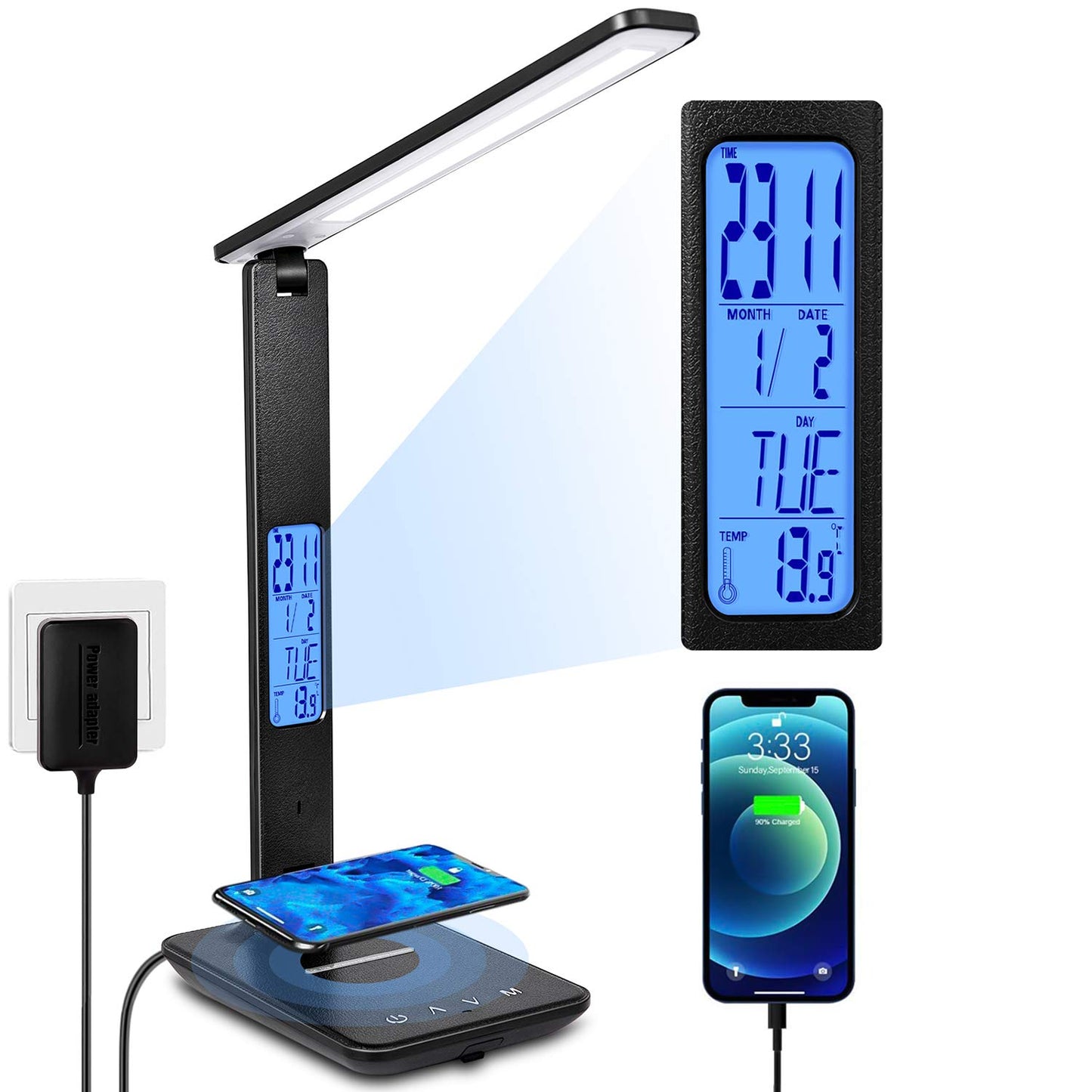 XIZDDL LED Desk Lamp with Wireless Charger, Suitable for Home, Office Dimmable, with USB Charging Port, Built-in Clock, Calendar, Thermometer and Automatic Timing Reading Desk Lamp.