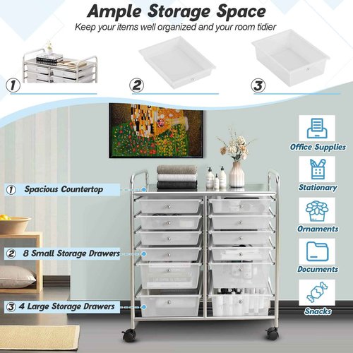 OFFICEJOY Storage Cart, 12 Drawer Rolling Organizer Cart with Large Capacity, Portable Carrying Handle & Lockable Wheels, Utility Cart for Tool Home Office School Beauty Salon Art Craft (White)