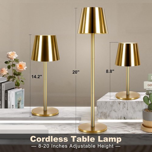 Gold Cordless Table Lamp - Adjustable Height 8-20 Inches | 5000mAh Rechargeable LED, 3 Color Dimmable