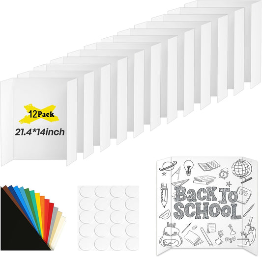 Trifold Poster Board by Skiennix - 12 Pcs White Corrugated Presentation Boards, 21.4" x 14" with Double-Sided Tape for School Projects