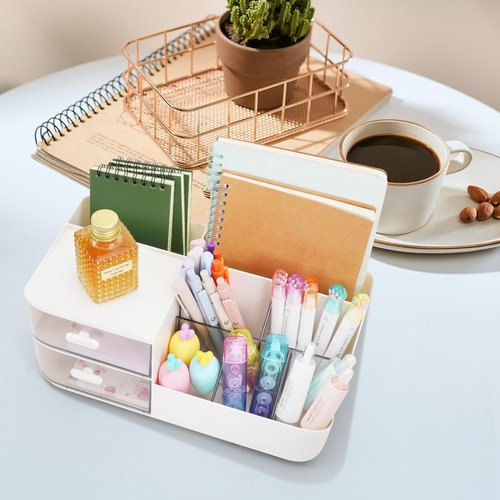 STNRST-IN Desk Organizer with 2 Drawer, Office Organization with 8 Compartments +1 Top Tray, Plastic Pen Holder for Desk, Makeup Storage Box with 3 Pencil Holder for School, Home, Art Supplies