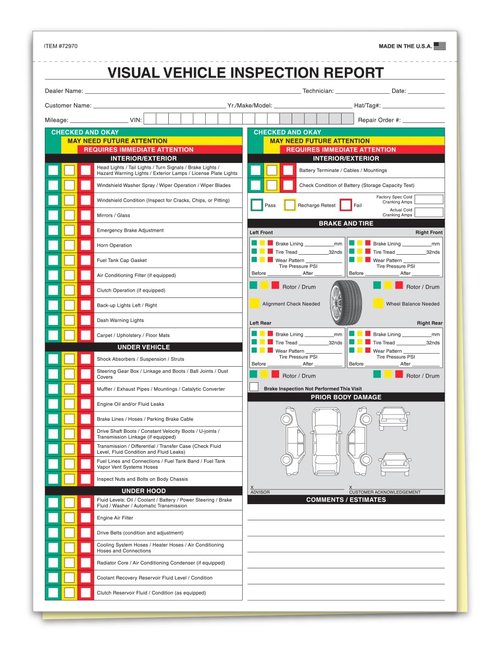 Visual Vehicle Inspection Report 2 Part Carbonless Vehicle Checklist (Generic) - General Vehicle Checkup Report - 8-1/2"×11" Snap-Out - White, Canary (Pack of 250)