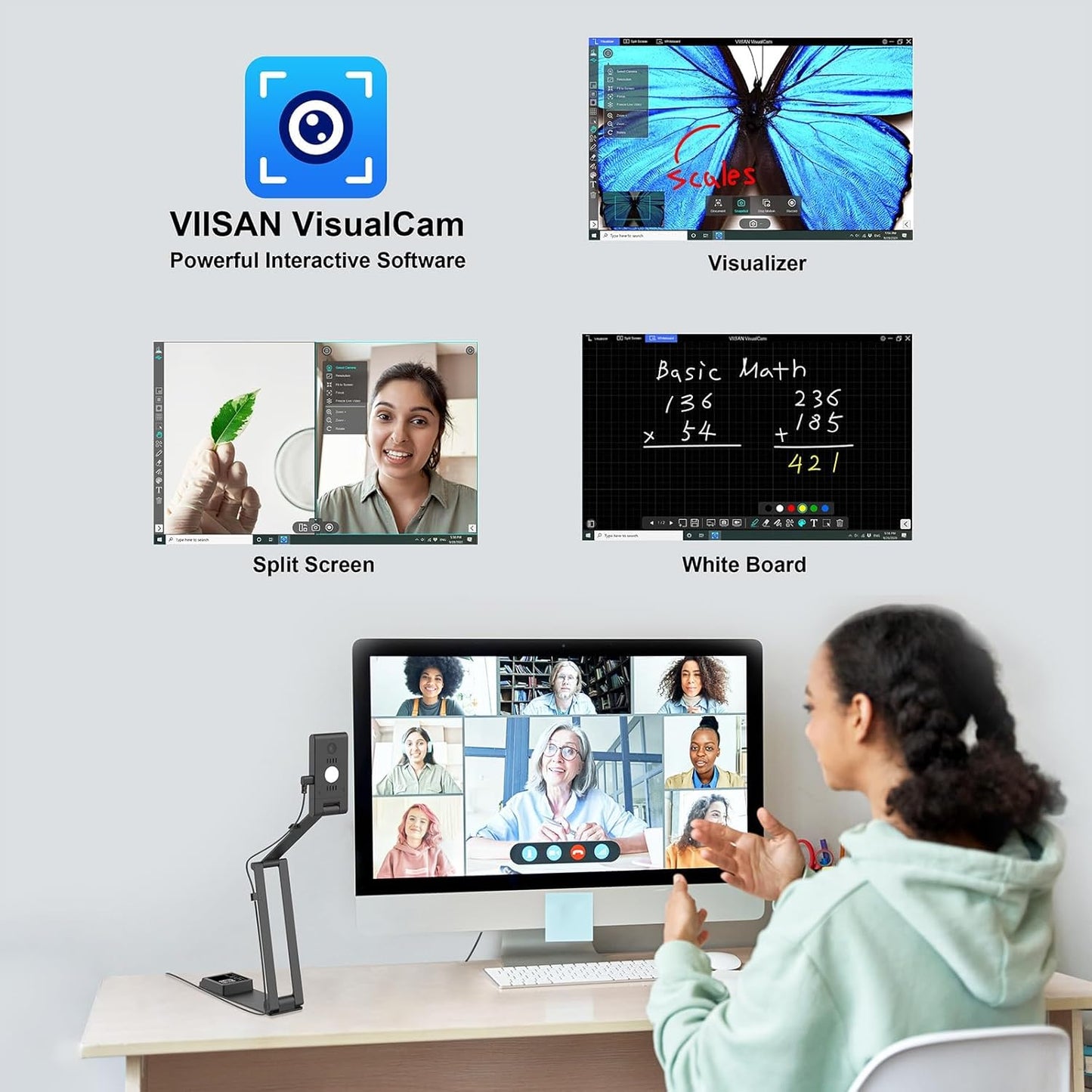 VS5 Document Camera - A3-Size USB Visualizer with 2K Webcam & Microphone for Remote Teaching | Compatible with Windows, macOS, ChromeOS