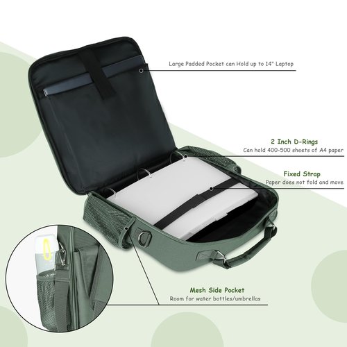 3 Ring Zipper Binder 500-Sheet Zipper Binder Adjustable Shoulder Strap & Handle for 14 Inch Laptop for School and Office (Green)