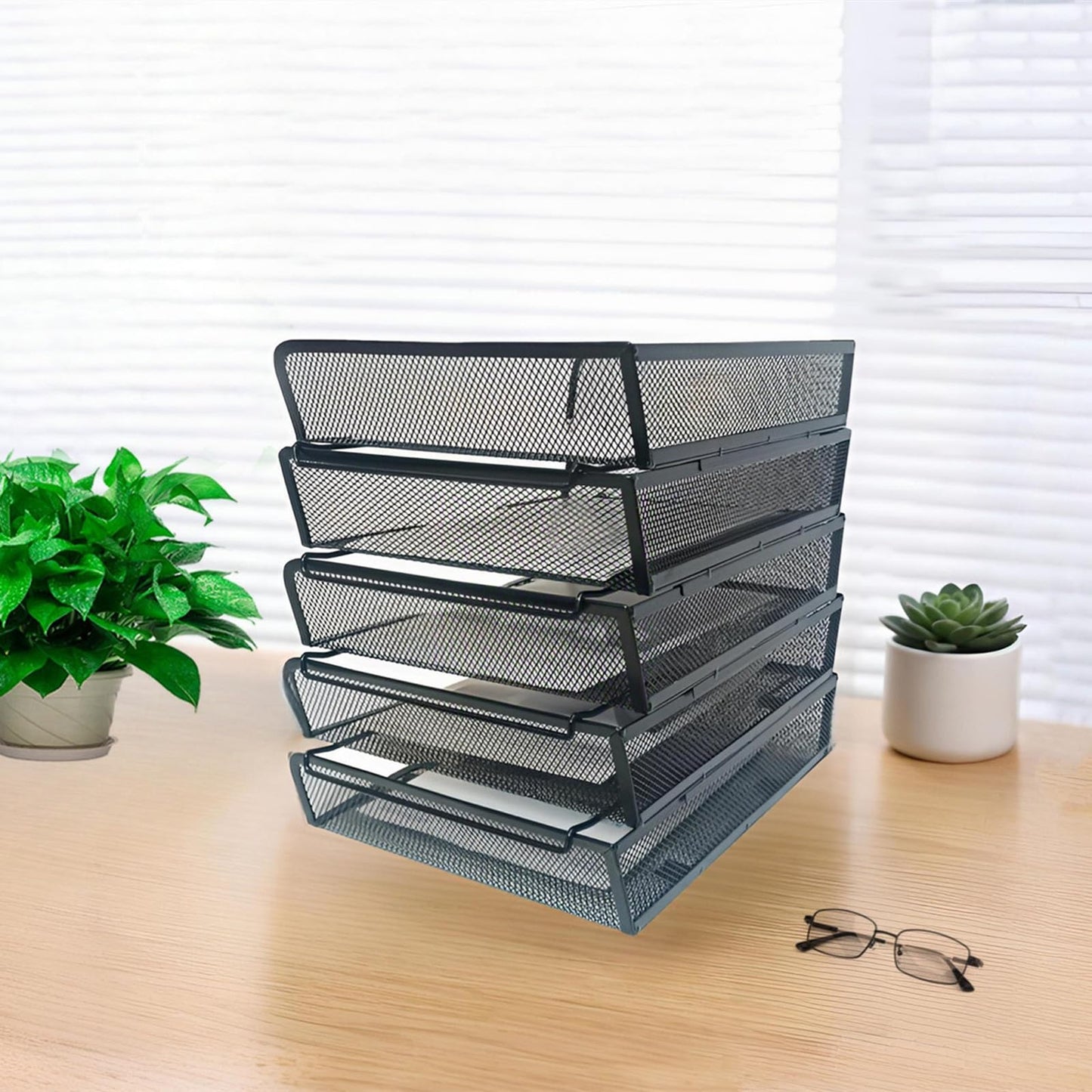 5 Tier Metal Mesh Desk Organizer-Stackable Letter Trays for Office Supplies,Black File Storage System with Reinforced Edges