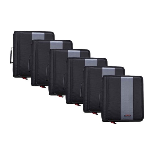 Case-it Classic Zipper Binder | 2-Inch O-Rings, 350 Sheet Capacity, Multiple Storage Pockets & Shoulder Strap | School & Office Organizer | D-251 Jet Black | 6 Pack