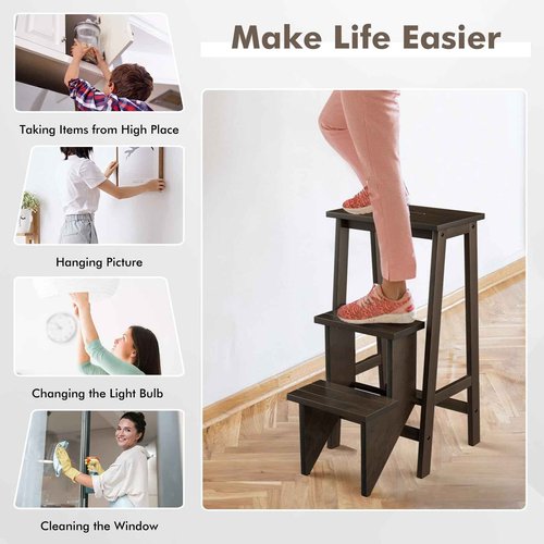 BETTARY 3-Step Folding Wooden Step Stool, Portable Anti-Slip Step Ladder, Foldable Wood Counter Staircase, Multifunctional Flower Shelf & Chair for Kitchen/Garage/Living Room/Library (Brown)