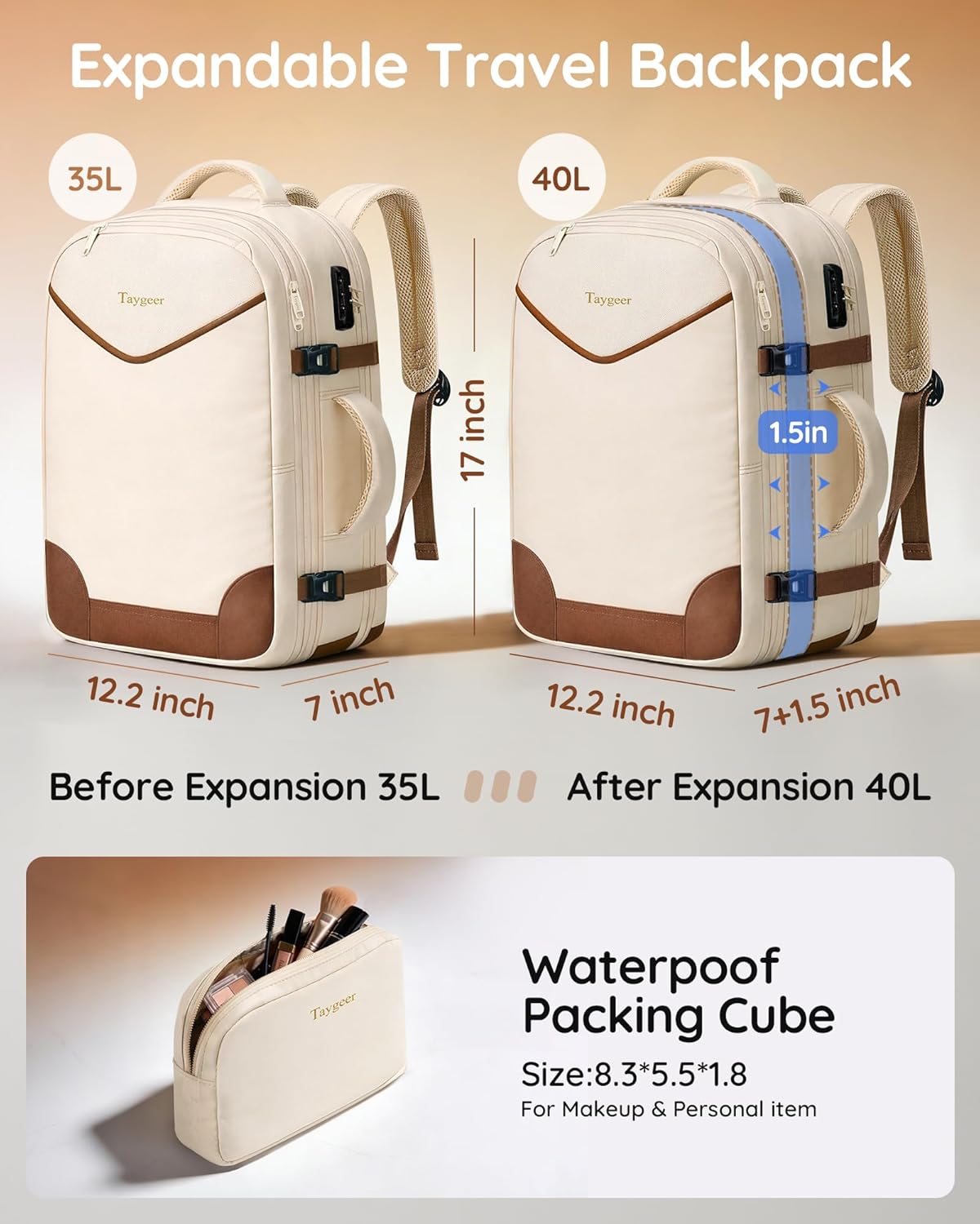 Taygeer 35L Travel Backpack - TSA Approved Carry-On with Lock | Expandable for 15.6" Laptop - Beige & Brown