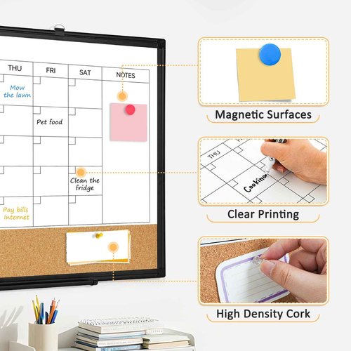 QUEENLINK Large Dry Erase Calendar for Wall, 36"x24" Double-Sided Magnetic Whiteboard Calendar with Cork Board, Black Aluminum Frame Monthly White Board Memo Message Board for Office, Home, School