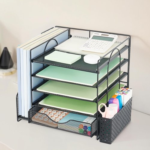 OUTIOE Desk Organizer with Drawer and Pen Holder, 5-Tier Paper Letter Tray Organizer with File Holder, Suitable for Workspace Organizer Office Supplies Storage (Black)
