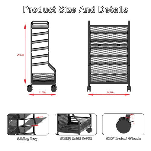 Cankm 7 Tier File Organizer Beside Desk, Rolling File Cart with Sliding Trays Ideal for Office Organization in Offices, Schools, and Studios