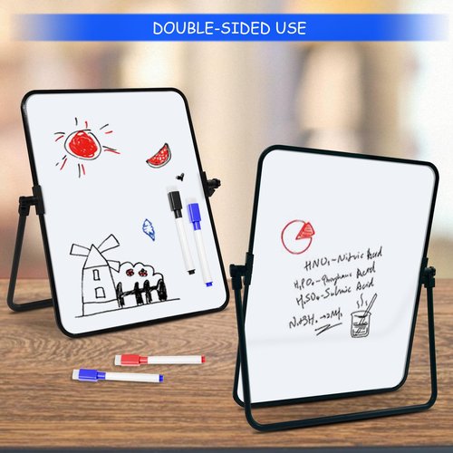 OUOFS Dry Erase Whiteboard Portable 14"x11" Magnetic Double-Sided, Desktop/Stand-Up White Board for to-Do Lists, Scheduling, & Kids' Learning - Includes Sturdy 360-Degree Rotating Stand