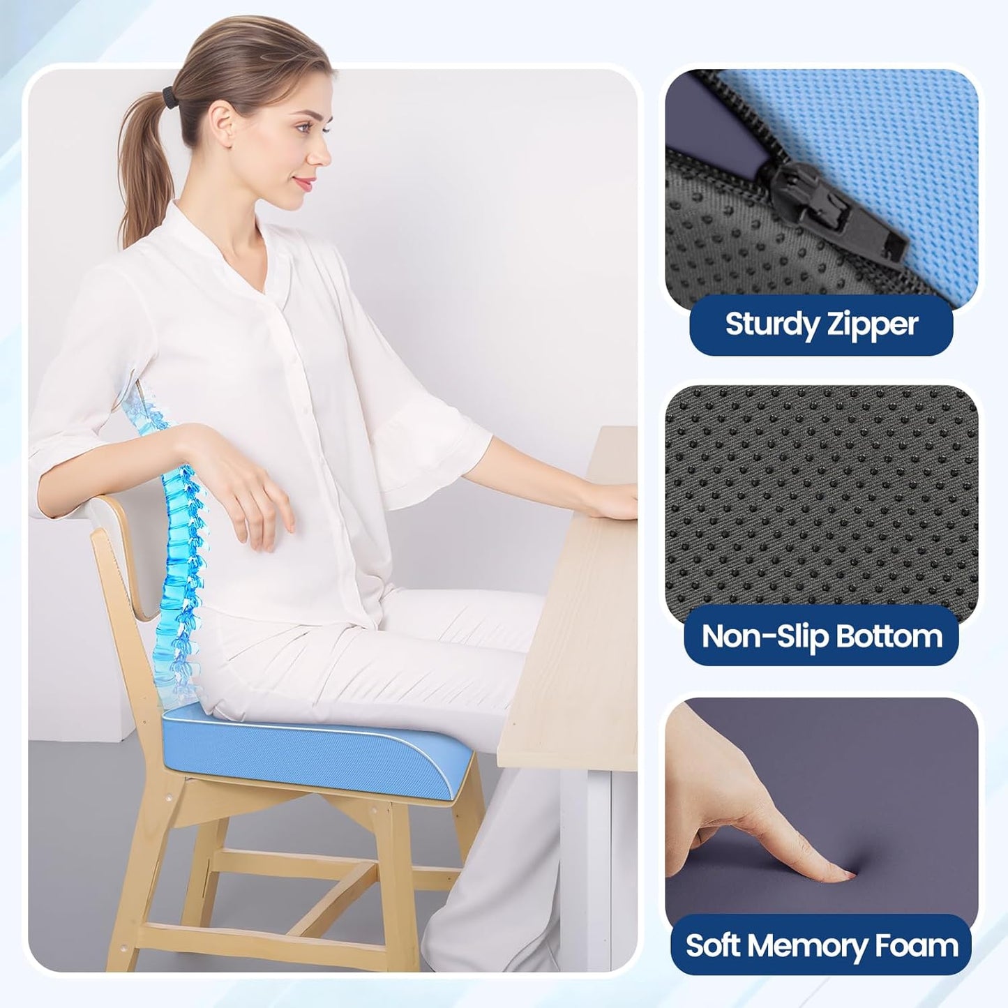 SweetSlubr Memory Foam Seat Cushion - Tailbone Pain Relief & Non-Slip Cover | Light Blue, 2X-Large