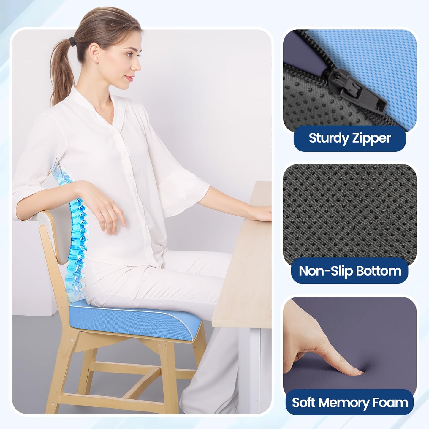 SweetSlubr Seat Cushion for Tailbone Pain Relief, Office Chair Cushion, Memory Foam Large Chair Cushion with Non-Slip Cover for Soft Support at Office Chair, Car Seat, Airplane Light Blue/Large