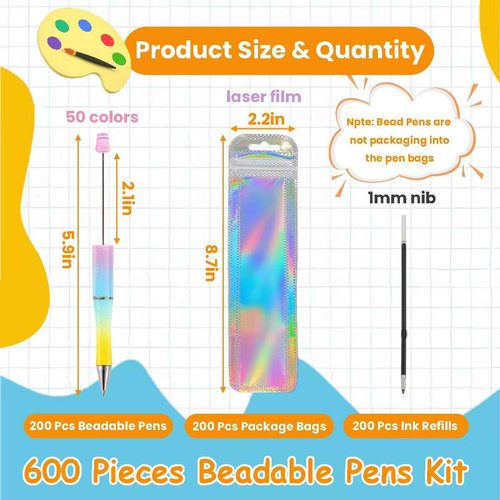 Jaoruizer 200 Pcs Beaded Pens with 200 Refills and 200 Packaging Bags, DIY Black Ink Bead Pens Bulk, 600 Pcs Beadable Pen Kit for Kids Students Teachers Office School Supplies, 50 Colors