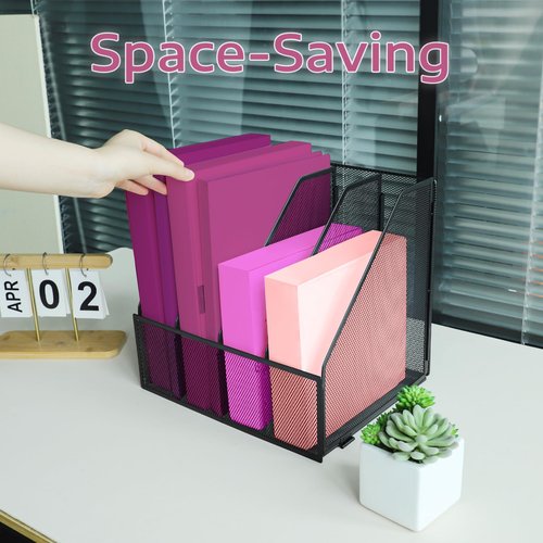 ideallife Desk Organizers, Metal Magazine File Holder with 4 Vertical Compartments Rack Binder File Organizer for Office Supplies, Home Workspace - Black