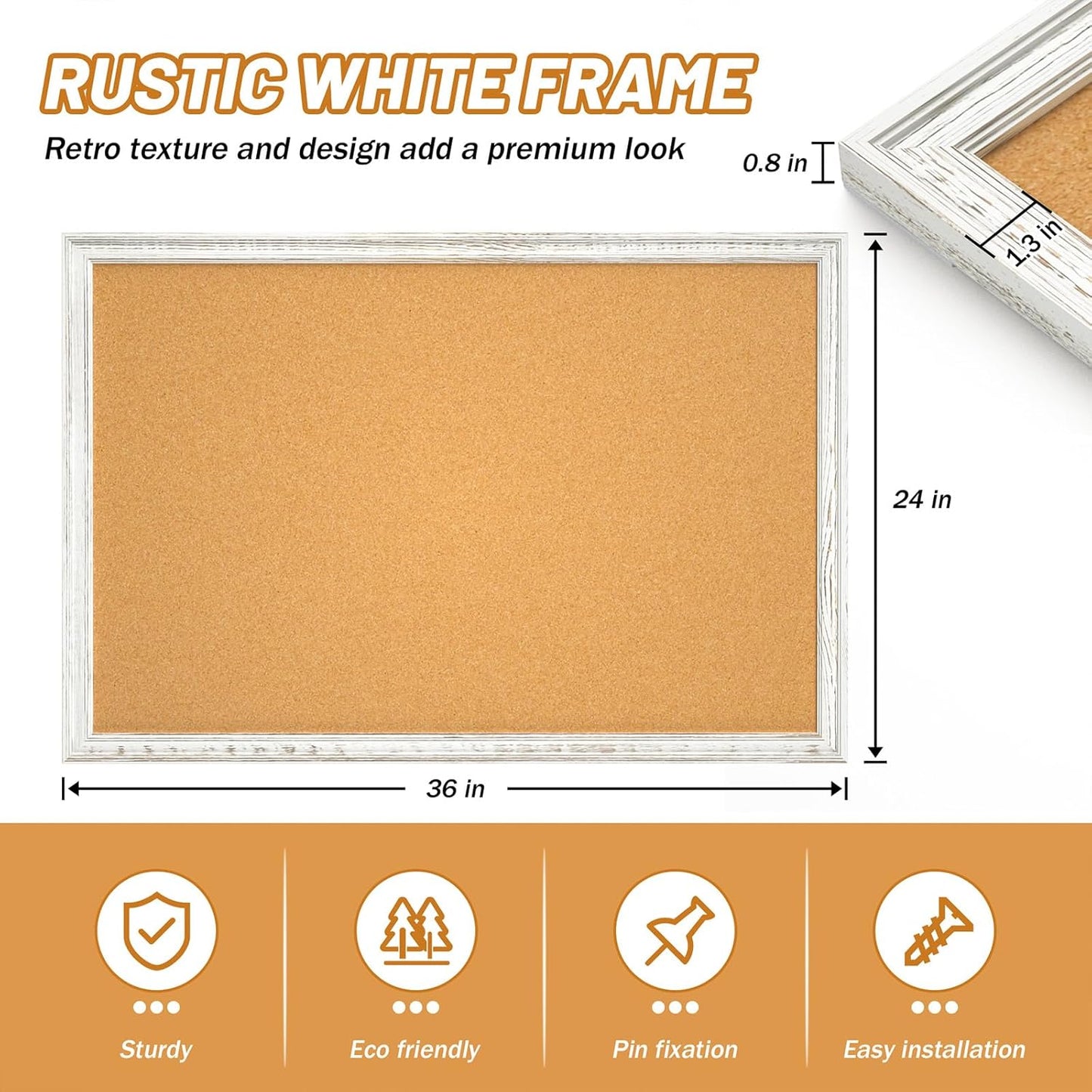White Cork Board - 36 x 24 Inch Decorative Bulletin Board with Rustic Wooden Frame for Home & Office