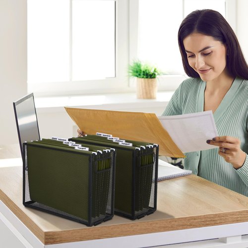 Otoolling 2 Pack Hanging File Organizer Include 10 Hanging Folders Metal Mesh File Folder Box for Letter Size Folder Storage Desktop Magazine Storage Cabinets for Home Office School(Green,Small)