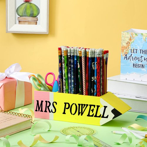 Kisston 6 Pcs Back to School Teachers Gift Wooden Teacher Pencil Holder Pencil Holder New School Year Gift with Letter Stencils Markers Name DIY Organizer for Office Birthday Supplies Desk