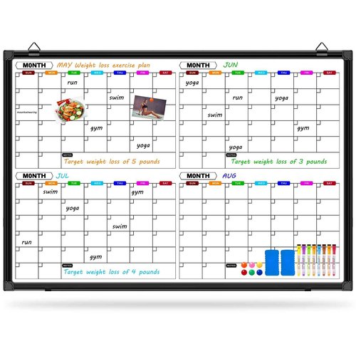 CALENBO 4 Month Dry Erase Calendar for Wall 36" x 24", Magnetic Calendar Whiteboard with Black Aluminum Frame, Magnetic White Board Calendars for Office Home and School