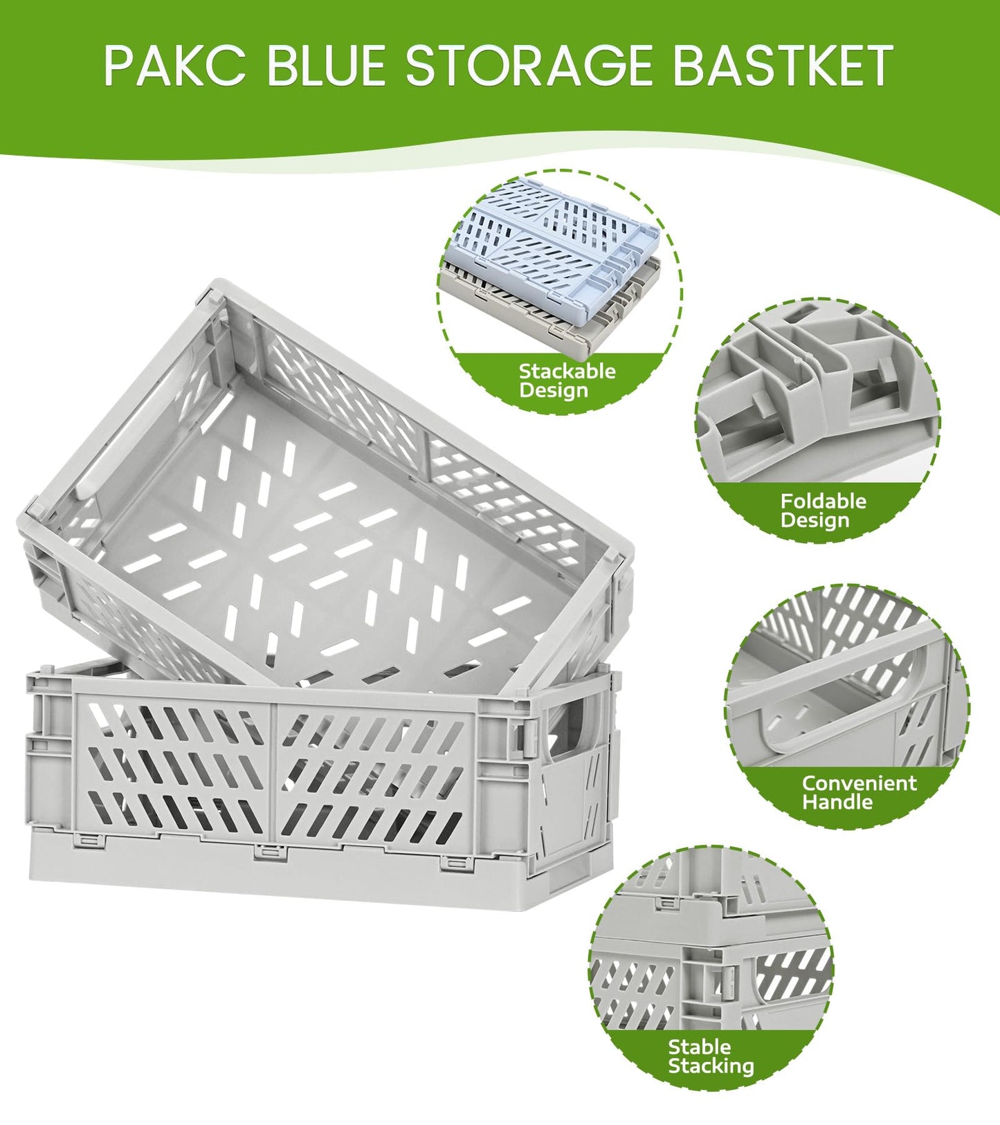 HUUSMOT 2-Pack Small Pastel Plastic Storage Baskets, Collapsible Crates for Organizing, Space-Saving Mini Bins for Classroom, Kitchen, Office, Bedroom (Grey, 9.8" x 6.5" x 3.8")
