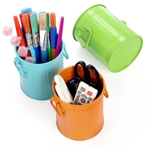 Noamus 9 Pack Metal Pen Holder, Mini Pencil Bucket with Handle, Desktop Pencil Cup Makeup Brush Organizer, Desk Colorful Small Pails, Stationary Supplies Container for Office Classroom School Crafts