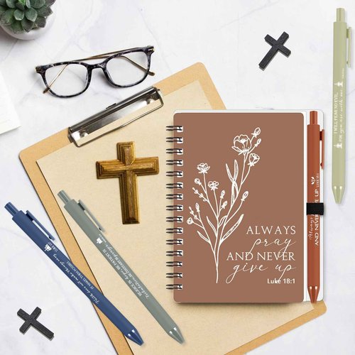 Kosiz 50 Sets Christian Gift Bulk Includes Bible Scripture Spiral Notebook with Sticky Notes Ballpoint Pen Religious Church Prayer Journals for Sunday School Pastor Women Clergy Gift (Morandi Color)