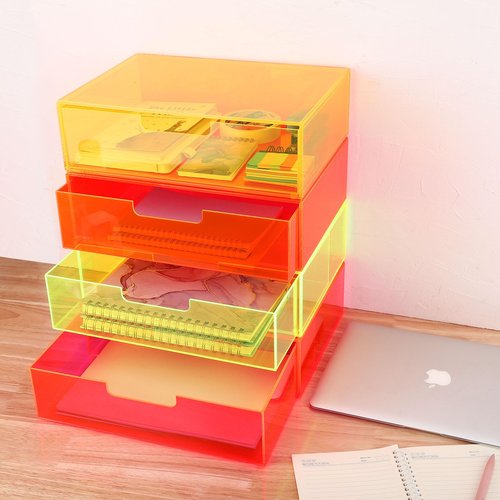 Gelite Acrylic Desk Organizer with Drawer for Makeup Vanity Stackable Desktop Storage Box for Office Supplies, 13.8 x 9.8 x 3.9’’, Neon Pink