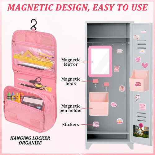 Pink Locker Accessories for Girls Locker Decorations Locker Organizer Kit Includes 2 Magnetic Hooks Mirror Pen Holder Carpet Hanging Bag 4 Magnets 2-Tier Clear Shelf Stickers for School Office, Pink