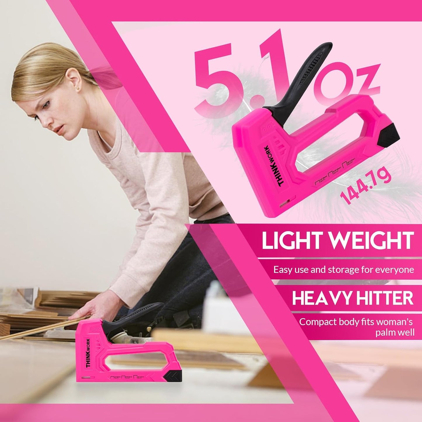 THINKWORK Light Duty Staple Gun - Pink Upholstery Stapler with 1600 JT21 Staples & Remover | Ideal for Crafts & DIY Projects