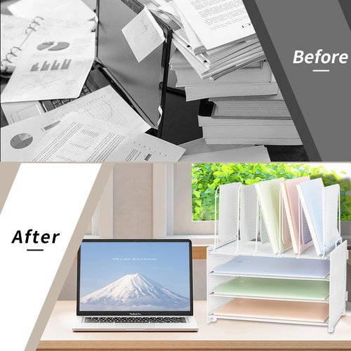 ORDROLL Desk Paper Organizer with Handle,3 Tier Letter Trays with 5 Vertical File Holder,Paper Storage,White Mesh Desktop Organizer for Classroom,Home or Office