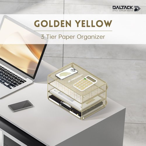 DALTACK 3-Tier Letter Tray - Stylish Mesh Metal Desk Organizer for A4 Paper, Mail & Bills - Yellow