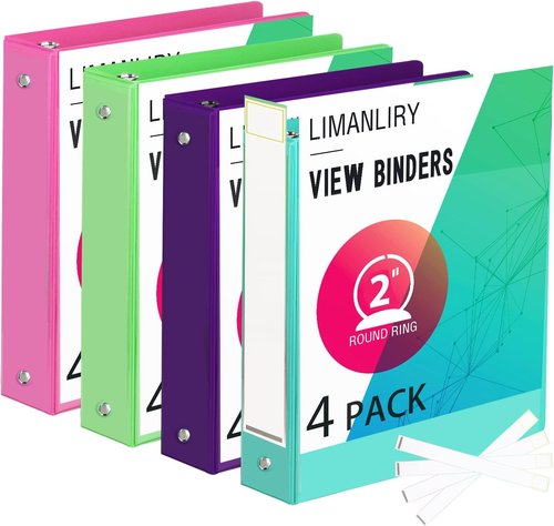 Round 2" Customizable 2-Inch Binders - 3 Ring View Binder with Pockets | Assorted Colors, 4 Pack